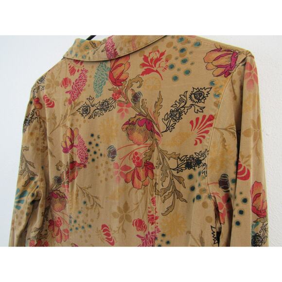 Tianello Medium Women's Tan Floral Printed Button Up Long Sleeve Blouse - Picture 9 of 9